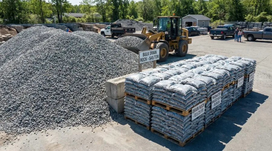 comparison showing bulk drain rock pile versus bagged options at supply yard