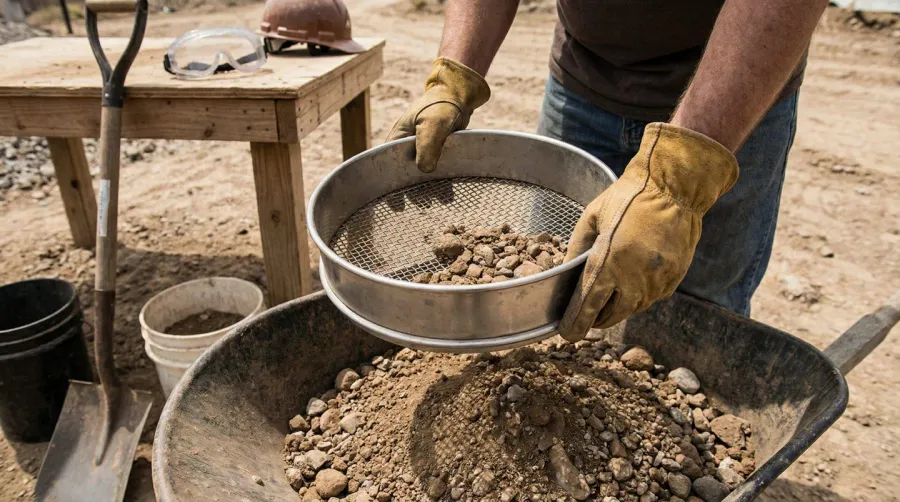 Hands demonstrating proper rock screening technique with safety equipment