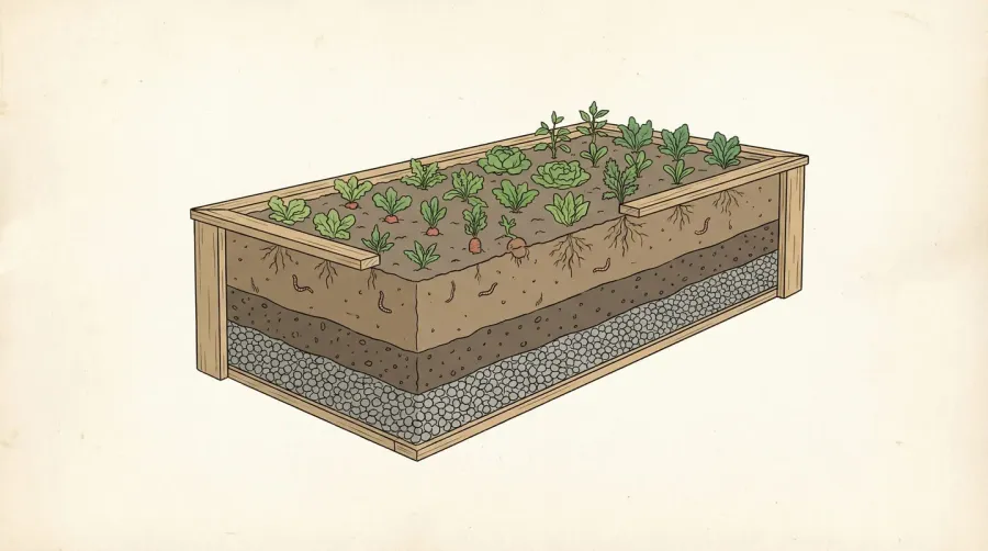 Cross-section diagram showing pea gravel drainage layer in raised bed