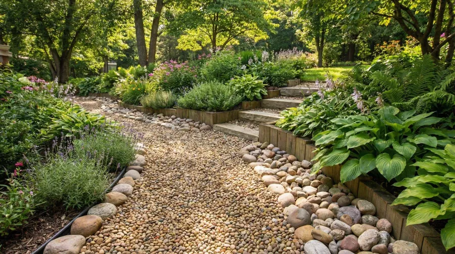 Beautiful garden path made with pea gravel surrounded by plants