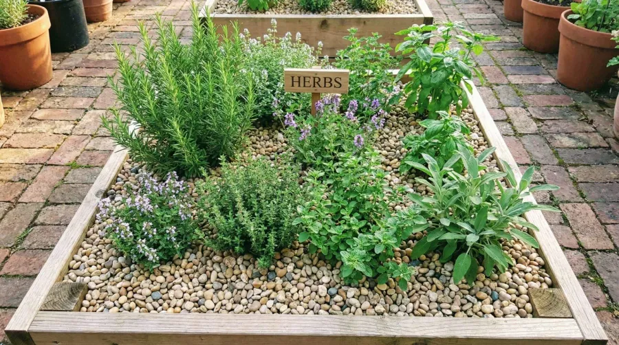 Herb garden bed with quarter inch pea gravel mulch