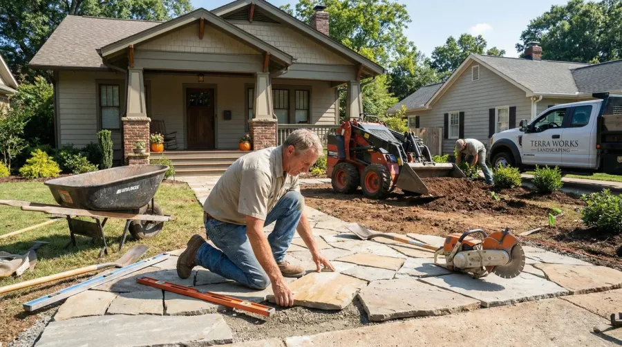 landscape contractor working on residential project with tools and equipment