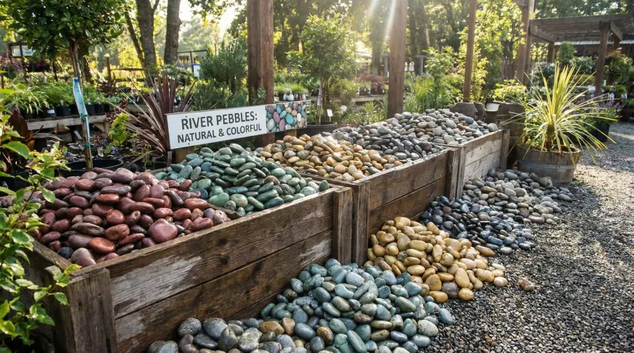 River pebbles in various sizes and colors displayed for landscaping