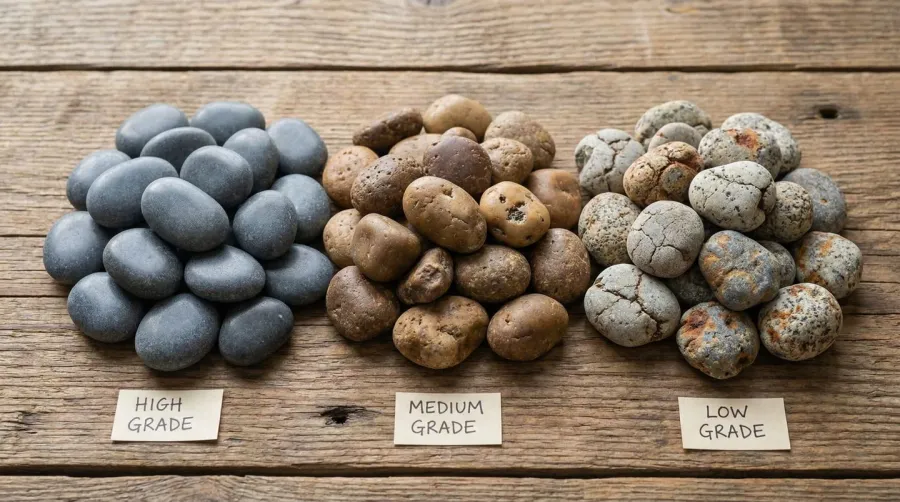 Close-up comparison of different quality grades of pebbles showing texture and color differences