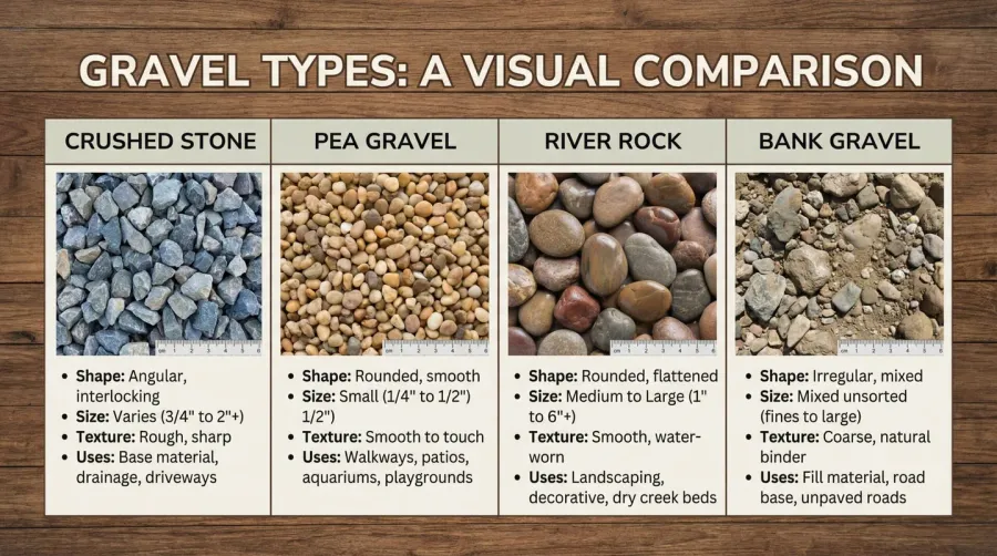 Comparison chart showing different gravel types side by side with visual samples