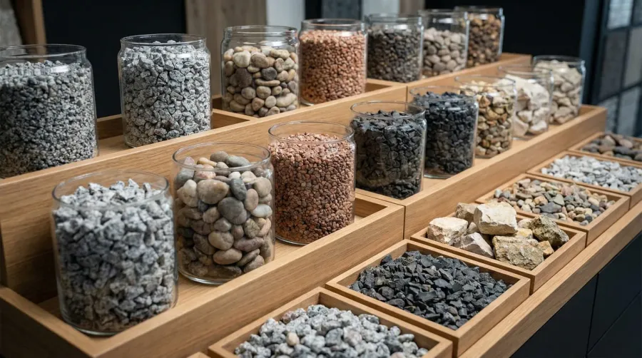 Different types of stone and gravel samples displayed