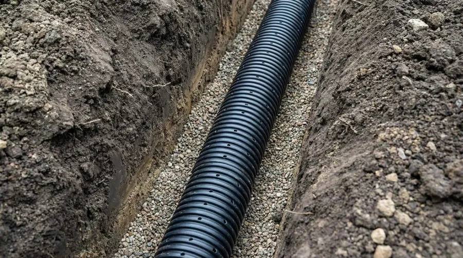 Step-by-step installation showing proper river rock placement around drainage pipe