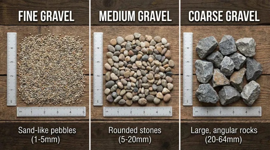 Size comparison chart of fine, medium, and coarse gravel