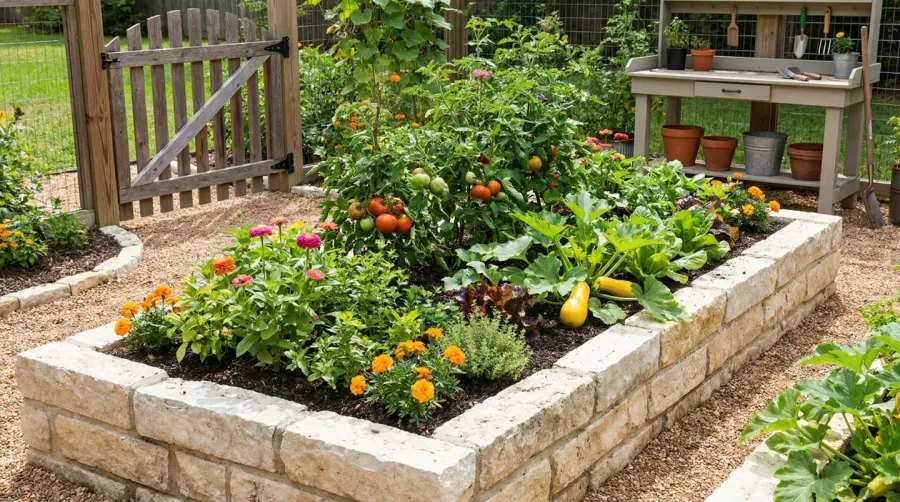 Completed limestone raised bed filled with soil and plants
