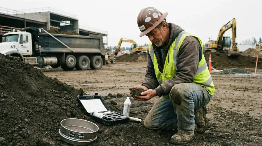 Construction worker examining fill dirt at a construction site with trucks in background