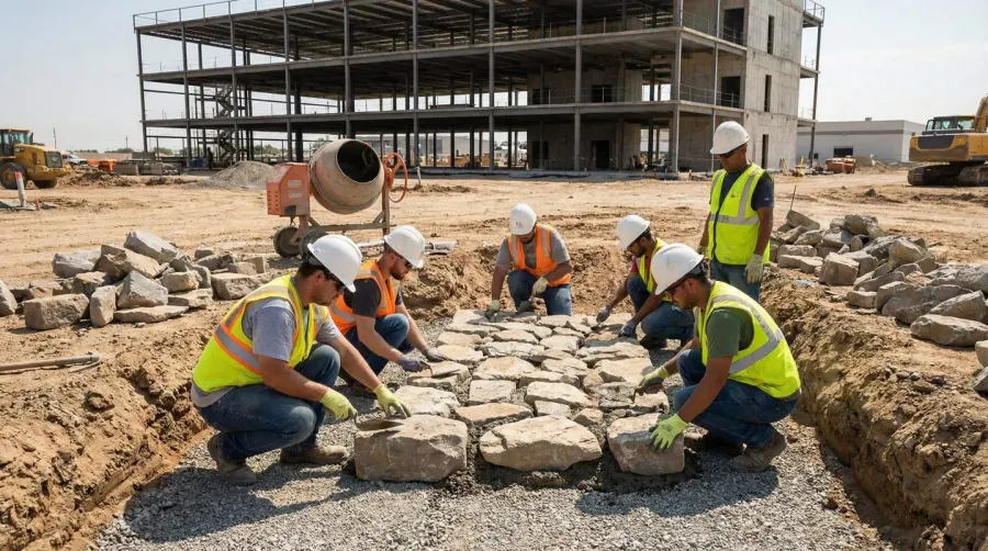 Construction workers laying stone base foundation