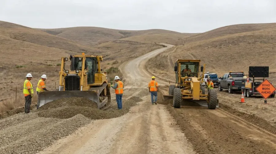 Construction Workers Building Gravel Road With Heavy Machinery