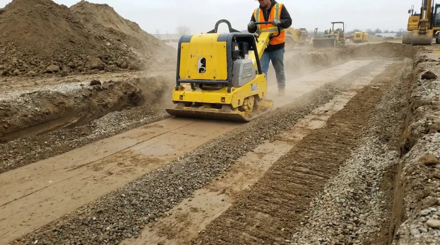 Plate compactor working on layered fill dirt showing proper technique