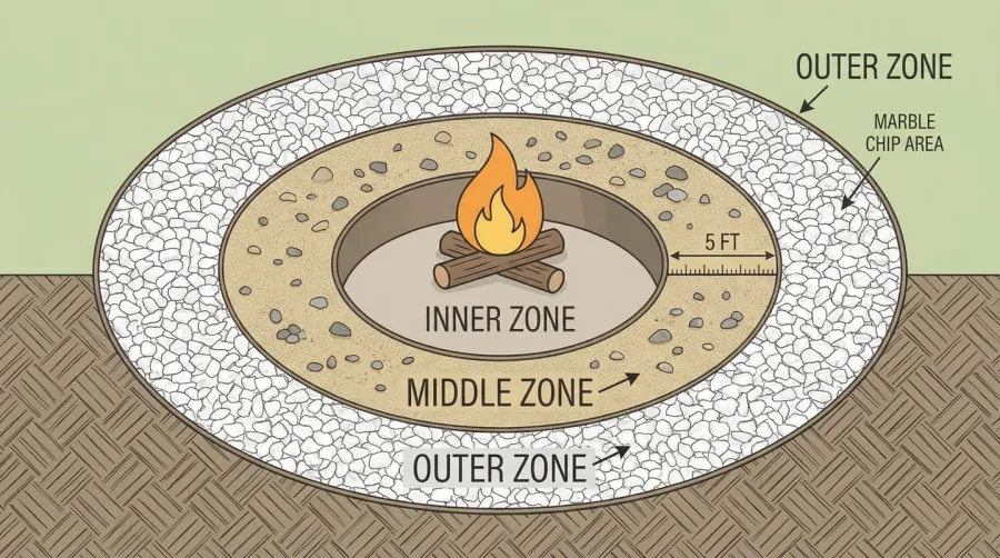 Cross-section diagram showing fire pit zones with marble placement areas highlighted