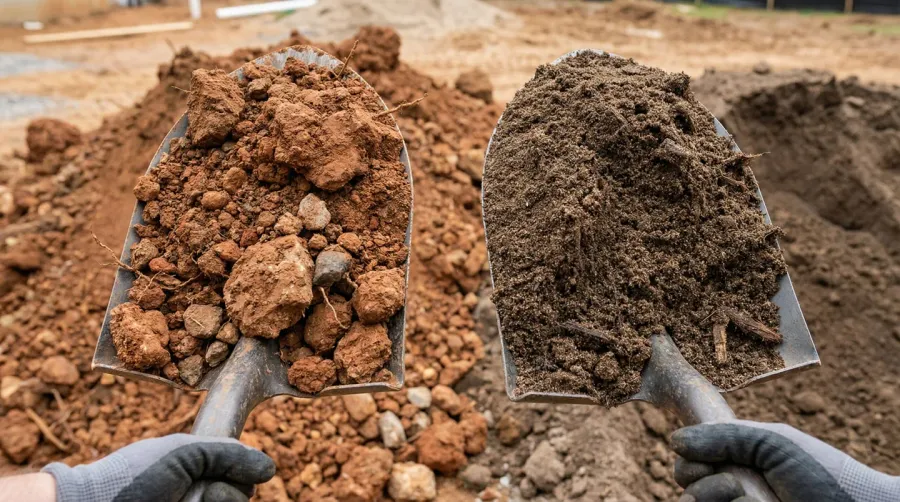side-by-side comparison of fill dirt and sandy loam in shovels showing texture differences