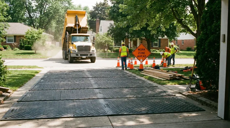 Protection mats laid out on driveway with dump truck approaching