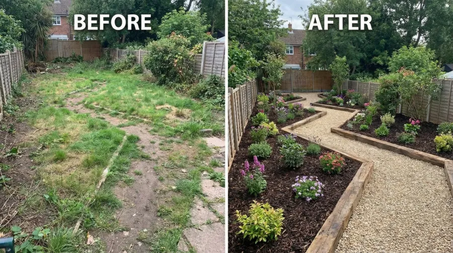 before and after garden transformation with gravel and bark mulch