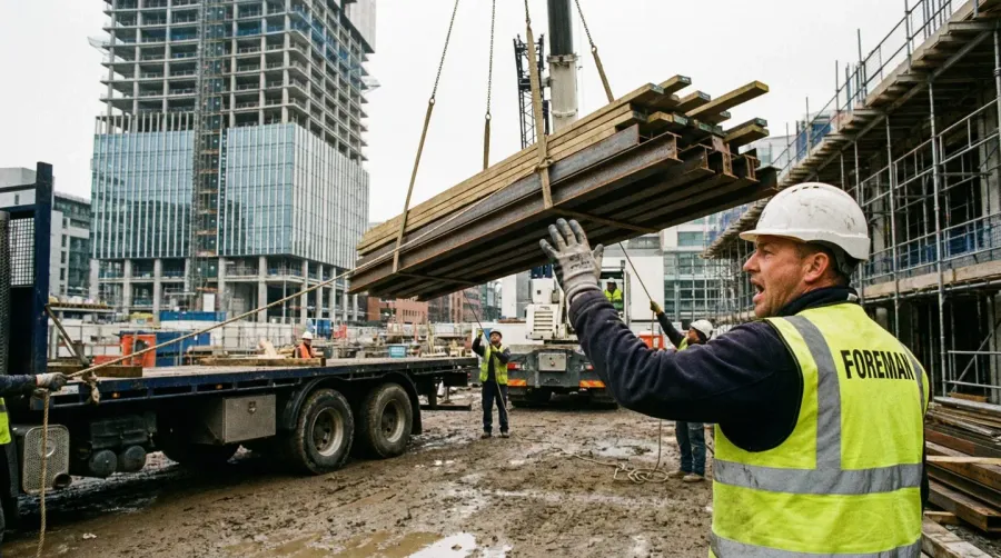 construction worker directing material delivery placement