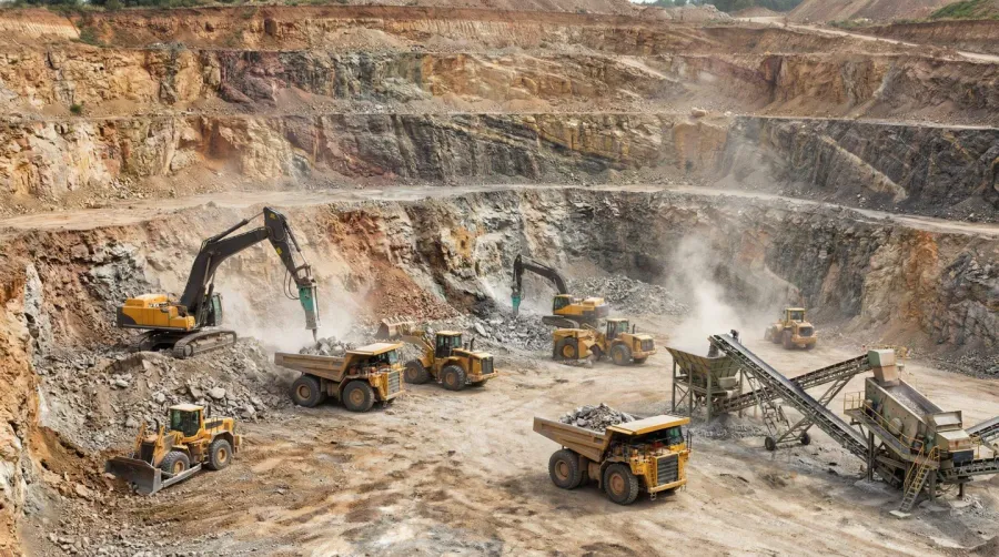 Quarry Excavation Process Showing Heavy Machinery And Exposed Rock Layers