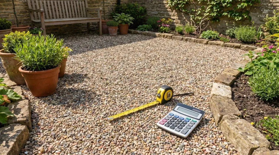 Pea gravel patio with measuring tape and calculator