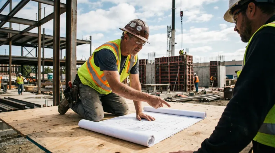 Construction worker reviewing blueprints on job site