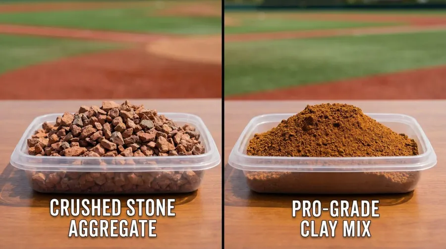 Warning track material comparison showing crushed stone versus clay samples