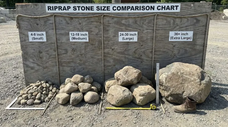 Different sizes of riprap stone comparison chart