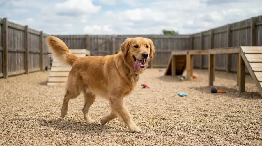 Dog running on gravel surface in happy outdoor play area