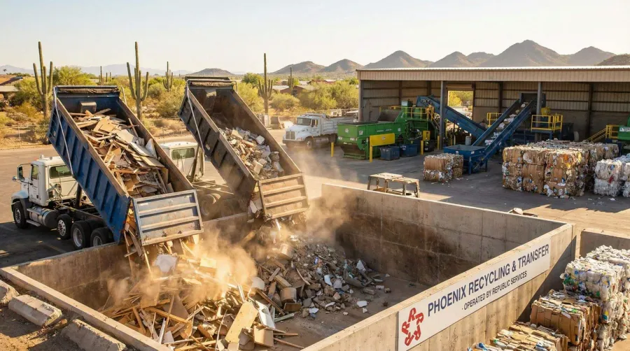 Phoenix transfer station with trucks dumping construction materials and recycling operations