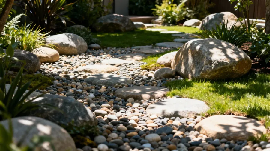 Landscaping project featuring different river rock sizes in garden design