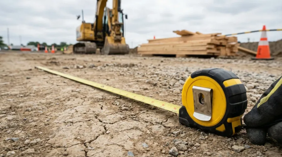 Measuring tape on construction site showing project dimensions