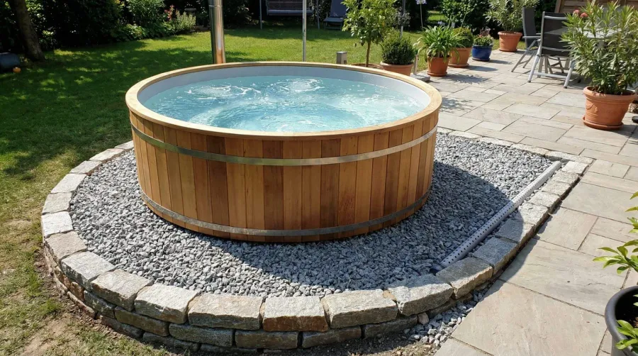 Well-maintained hot tub on gravel base with proper drainage