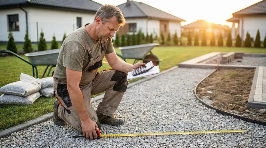 homeowner calculating gravel needs with measuring tape and calculator