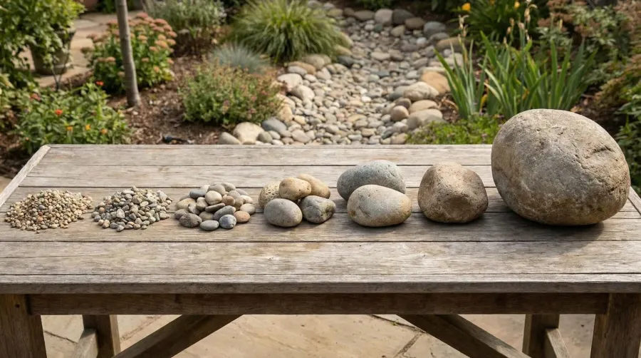 River rock sizes comparison chart showing different sizes from pea gravel to large boulders