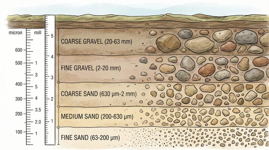 Cross-section diagram showing different particle sizes from fine sand to coarse gravel with measurement scales