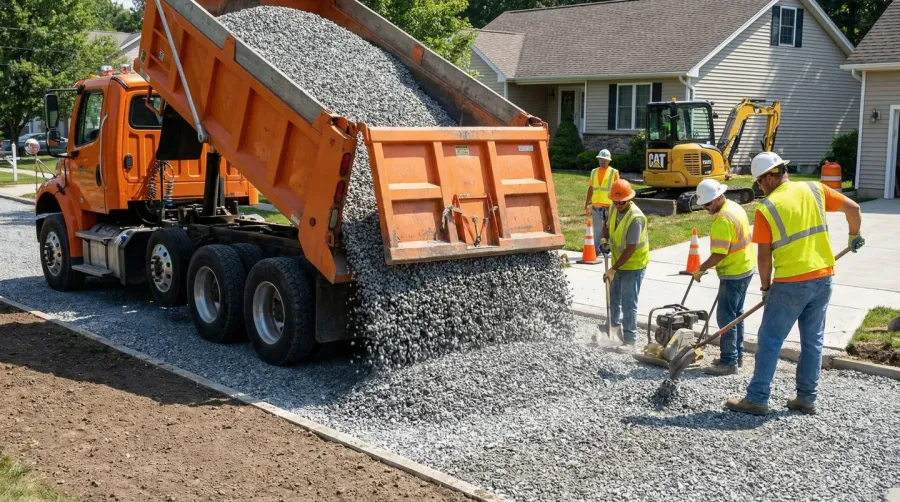 Gravel delivery truck dumping stones on residential driveway