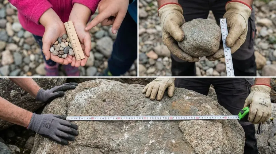 Hands holding different rock sizes - pebbles, cobbles, and boulders with ruler measurements
