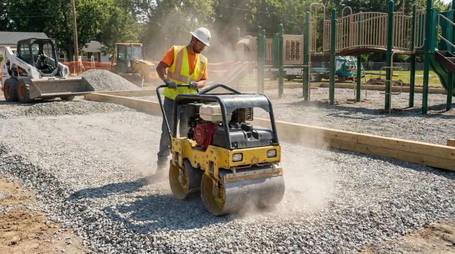 Plate compactor being used on crushed stone playground base