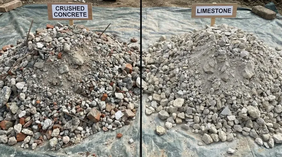 Comparison of crushed concrete and limestone materials side by side