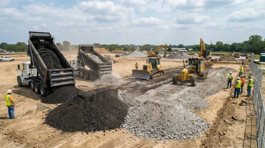 Construction site showing both materials being delivered and spread for comparison