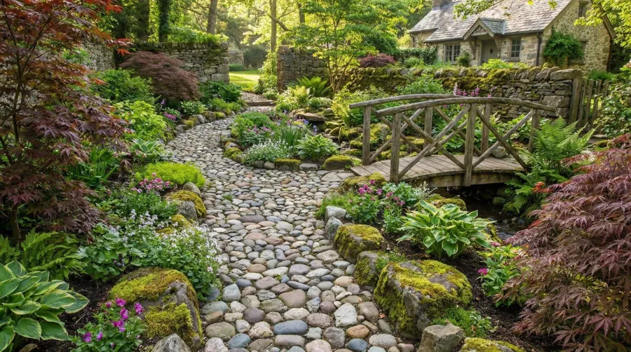 Beautiful garden path made with various sizes of river rocks winding through landscaped yard