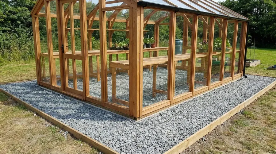 Greenhouse with gravel foundation showing stable structure