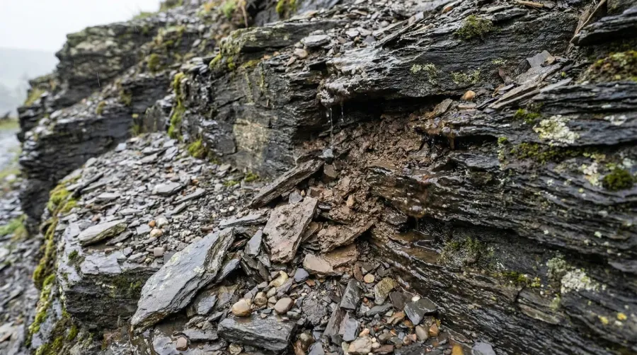 Shale rock layers breaking down from moisture exposure showing deterioration