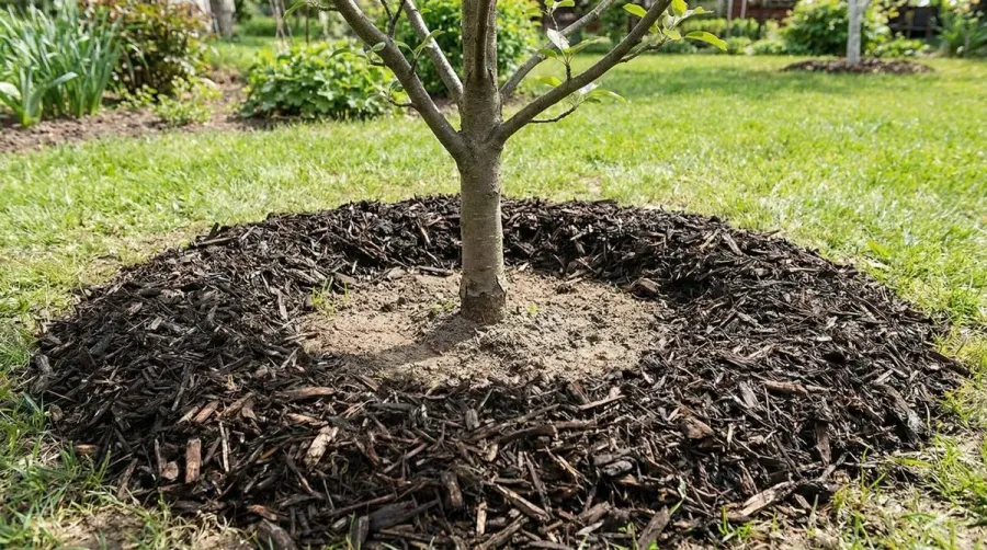 well-mulched tree base showing proper mulch application technique with clear space around trunk