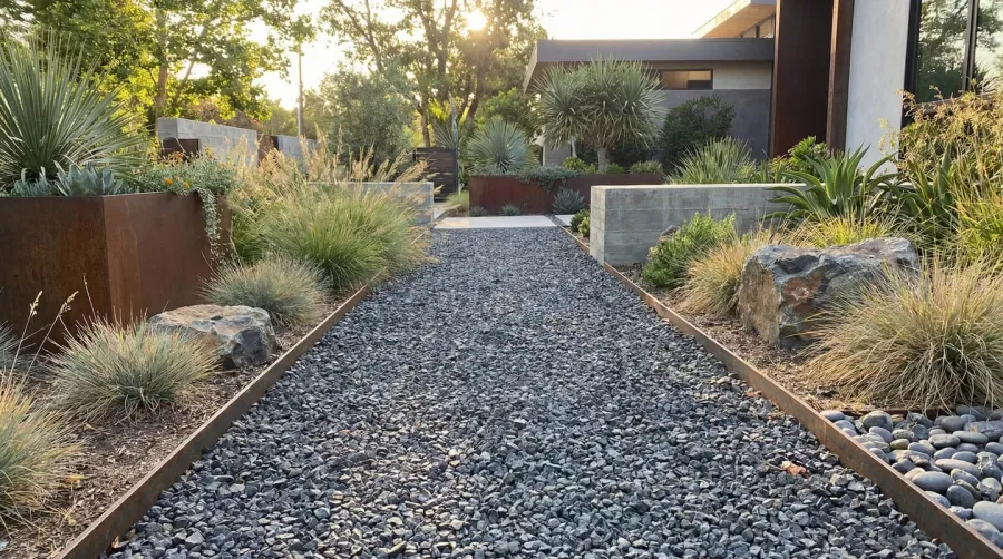 A modern industrial garden path made of dark grey slag gravel material, showing a clean walkway through a landscaped garden