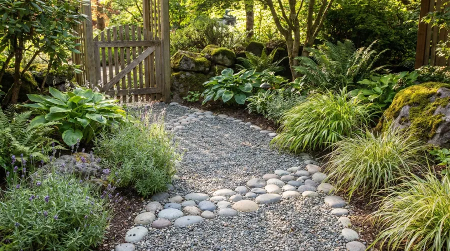 Pea gravel pathway with smooth stones landscaping