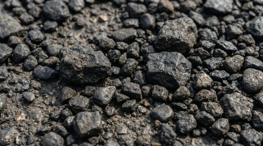 Close-up black gravel texture showing size variations