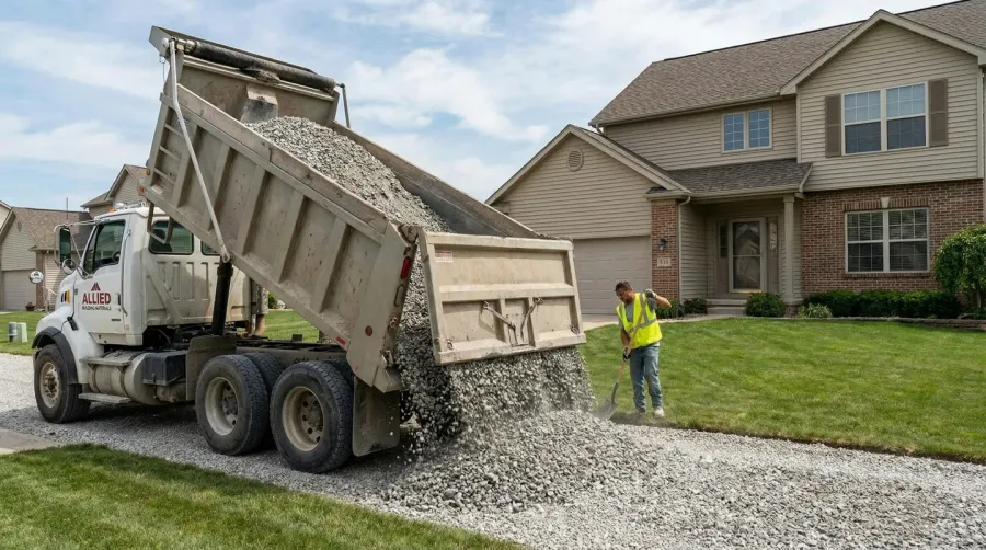 Delivery truck unloading crushed concrete at a residential property