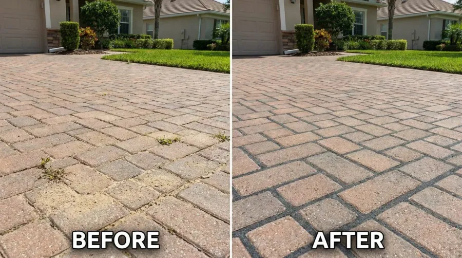 Before and after comparison showing driveway with regular sand vs polymeric sand