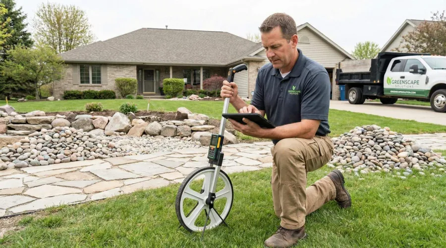 Professional landscaper calculating rock quantities using measuring tools on residential property